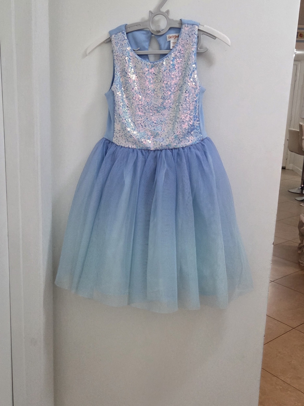 Cat & Jack Sequin Bodice Light Blue Tulle Kids Costume Dress, Size S 6/7